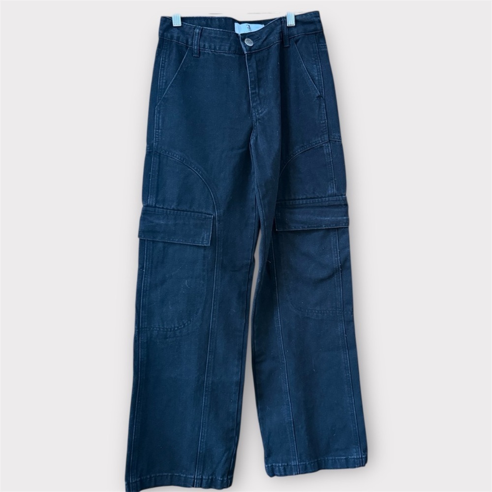 Flying Angel black dark wash cargo jeans featuring wide legs and utility pockets